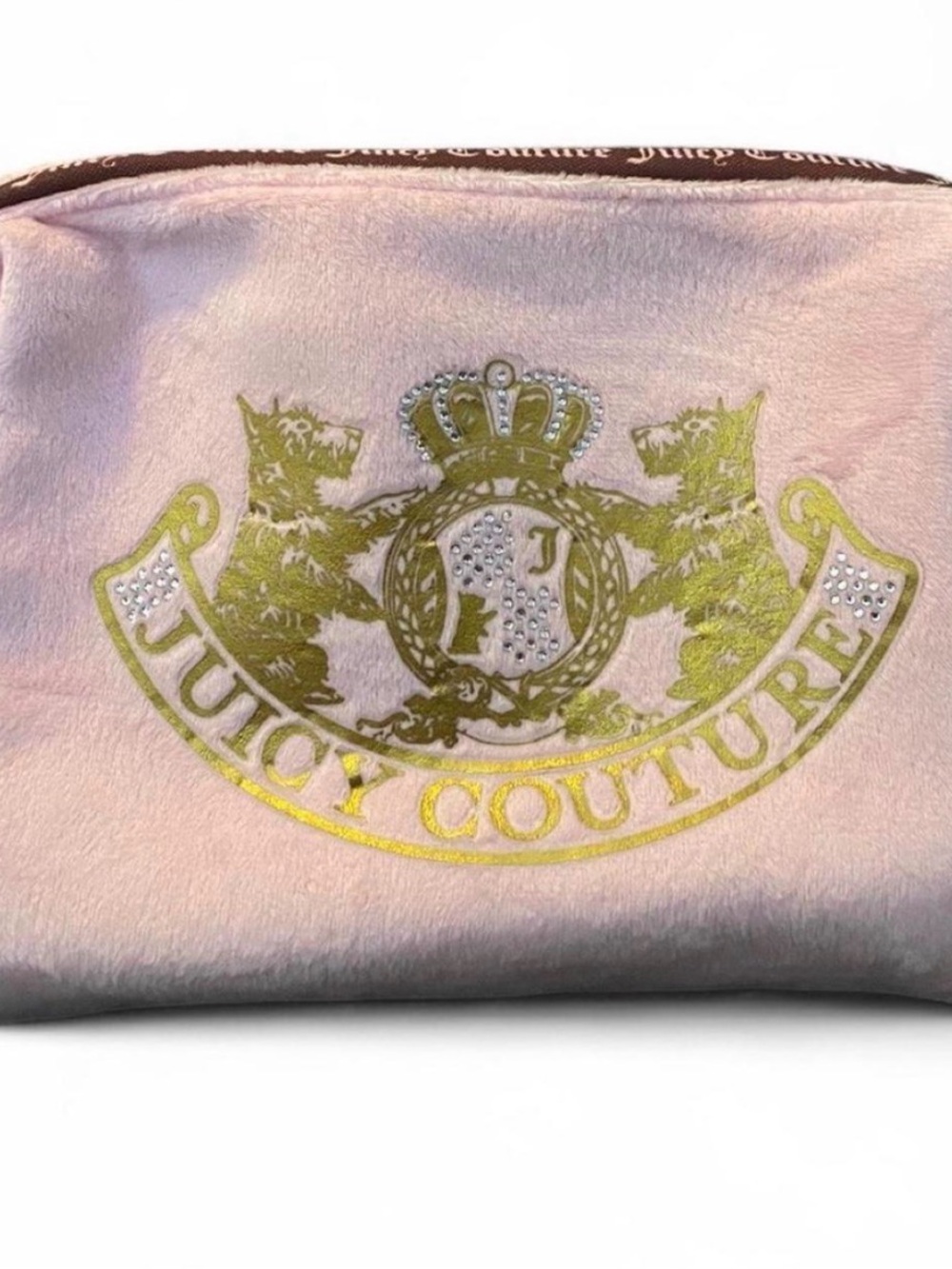 Juicy Couture Pink Velvet Cosmetic Pouch with Gold Crest and Rhinestones